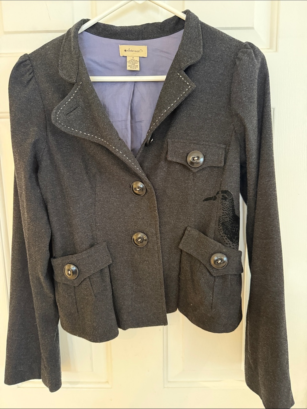 Rare Anthropologie Eleveneses "Feathered Friend" Charcoal Grey Blazer VTG Y2K